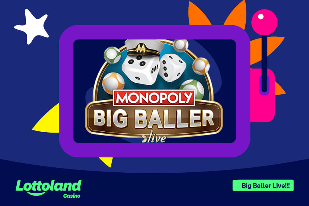 The Monopoly Big Baller Live logo on a Lottoland branded purple background.